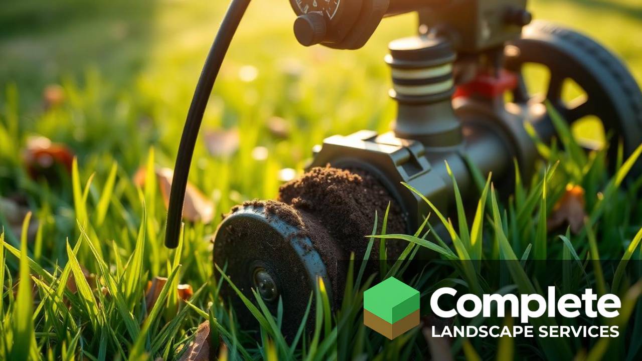 Core aerator pulling soil plugs from a healthy green lawn at sunrise