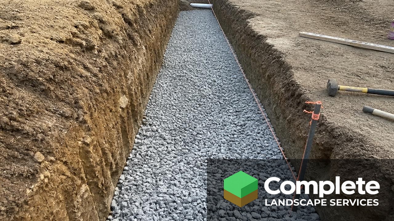 Excavated trench filled with compacted crushed stone base for a retaining wall footing