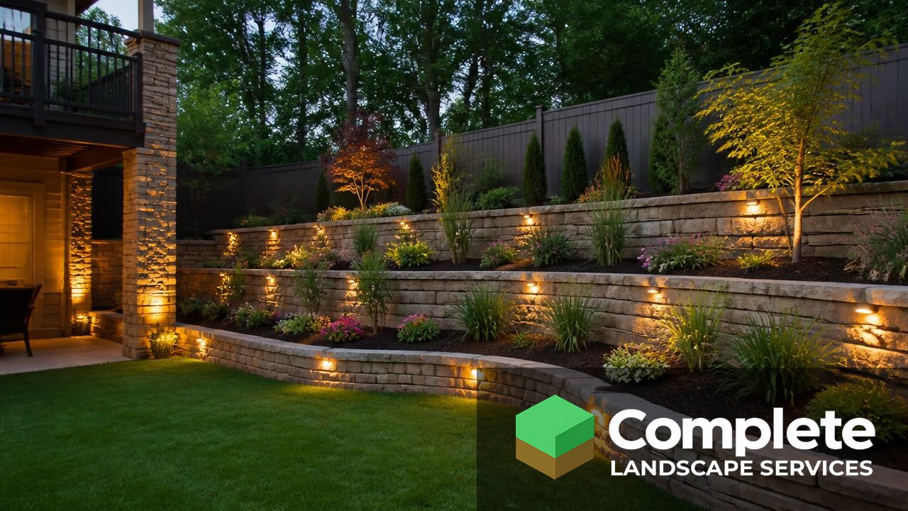 Finished tiered stone retaining wall with planted terraces and landscape lighting at dusk