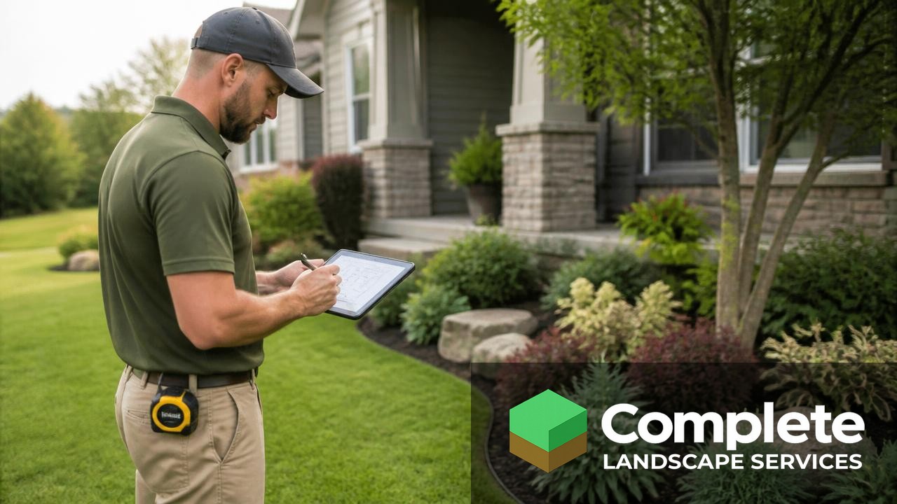 Landscaping estimator taking measurements and notes on a tablet in a residential yard