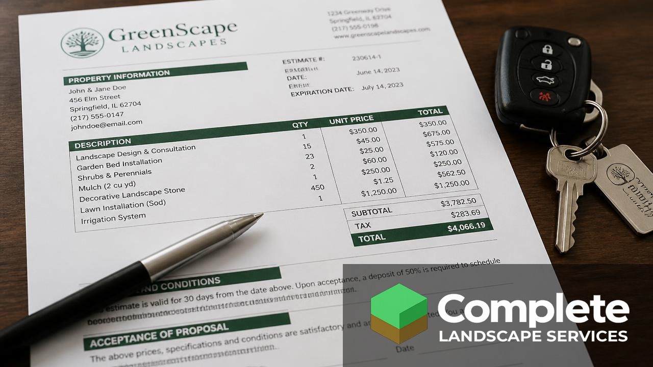 Detailed printed landscaping estimate with itemized pricing on a table beside a pen