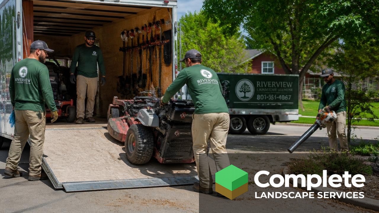 Uniformed landscaping crew loading equipment onto a trailer beside a branded truck