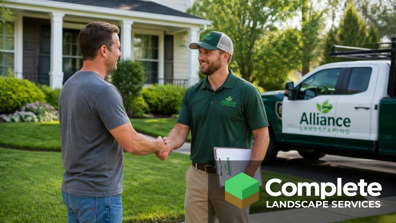 Homeowner shaking hands with a uniformed landscaping contractor in front of a maintained front yard