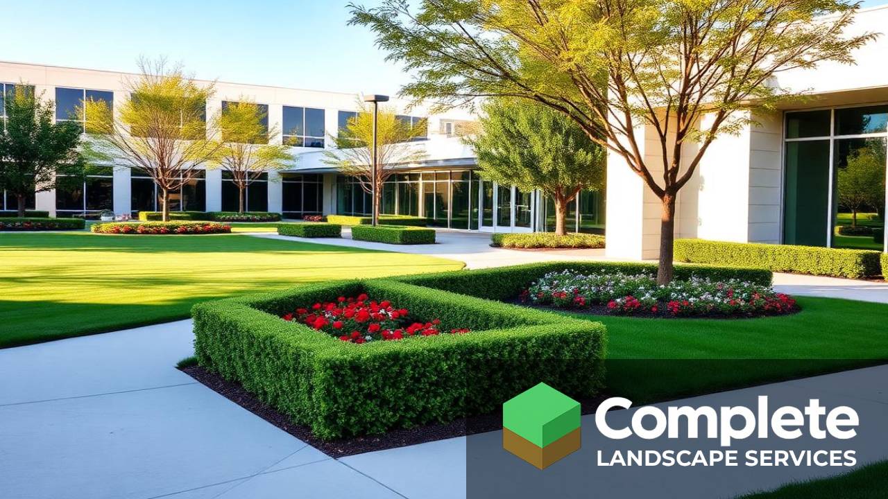 Manicured commercial property entrance with hedges, lawn, and seasonal flower beds