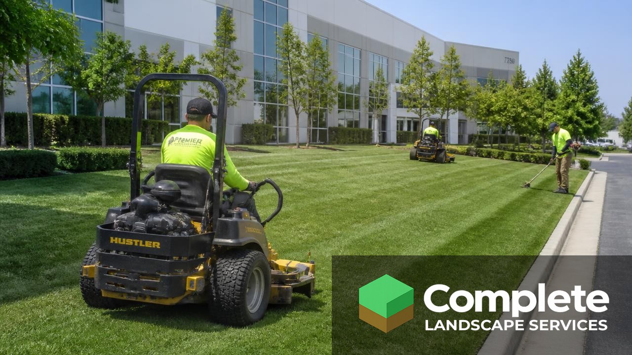 Landscaping crew mowing and edging a large commercial lawn with commercial mowers
