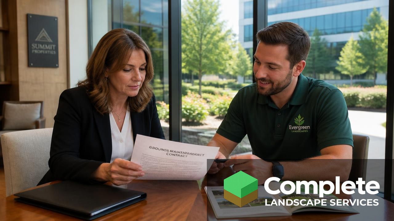 Property manager and landscaping account manager reviewing a grounds maintenance contract