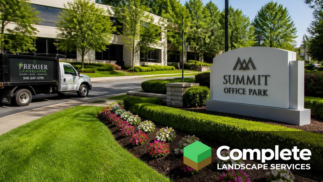 Commercial office park entrance with manicured lawn, trimmed hedges, and a landscaping company truck