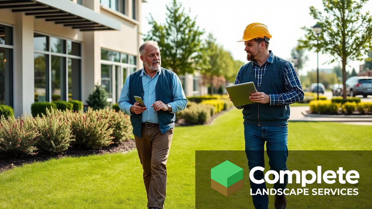 Property manager and landscaping contractor walking a commercial lawn together while reviewing scope on a tablet
