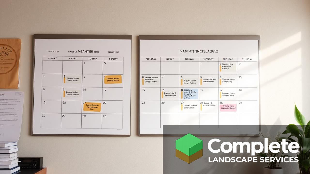 Wall calendar in a small business office with seasonal service visits marked out for a maintenance schedule