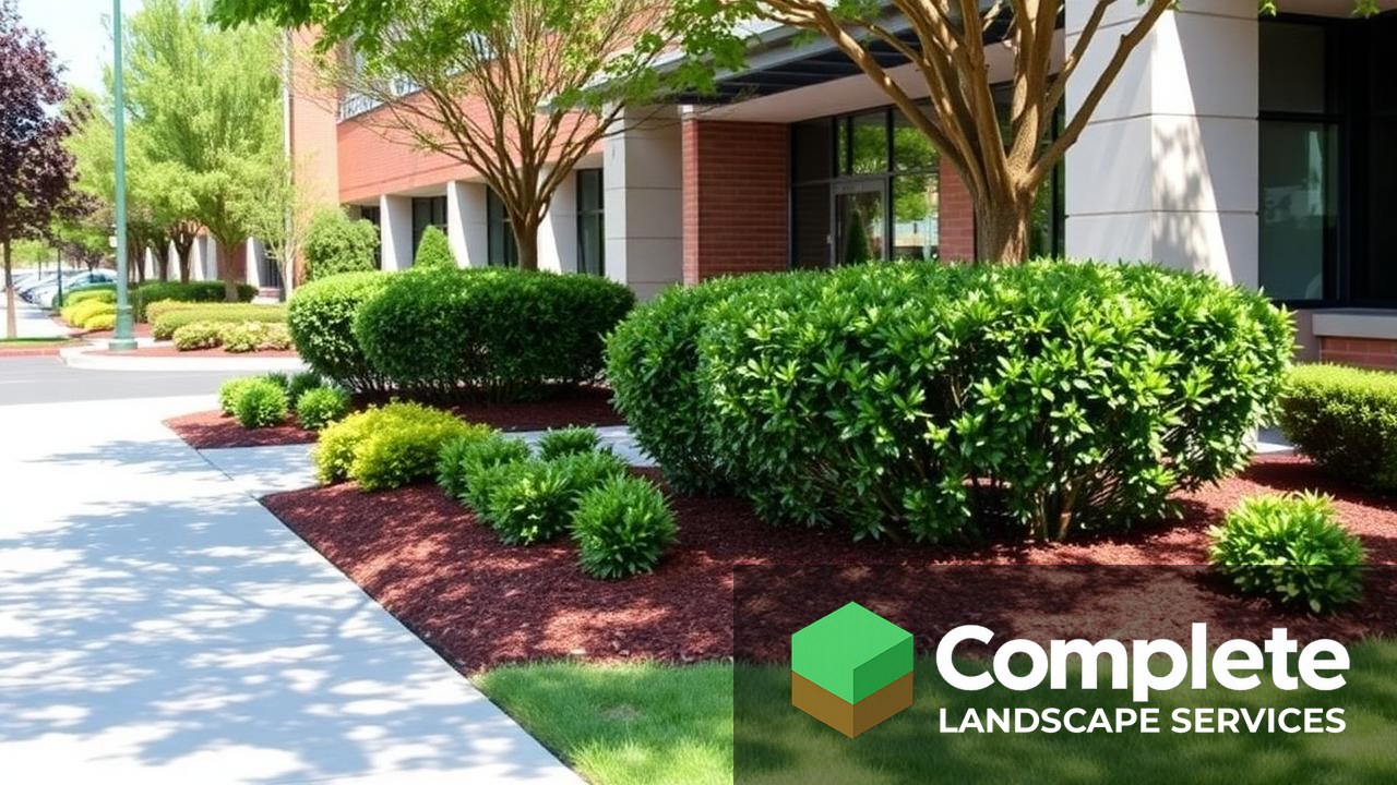 Well-maintained commercial office park entrance with trimmed hedges, mulched beds, and clean turf