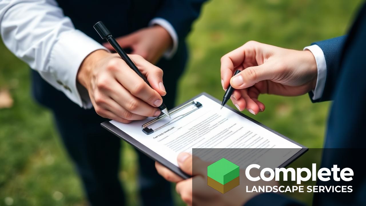 Two people signing a business contract on a clipboard outdoors with a green lawn in the background