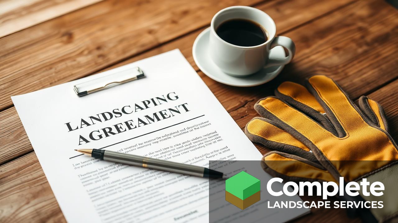 Landscaping service agreement and pen on a wooden table beside a coffee cup and work gloves