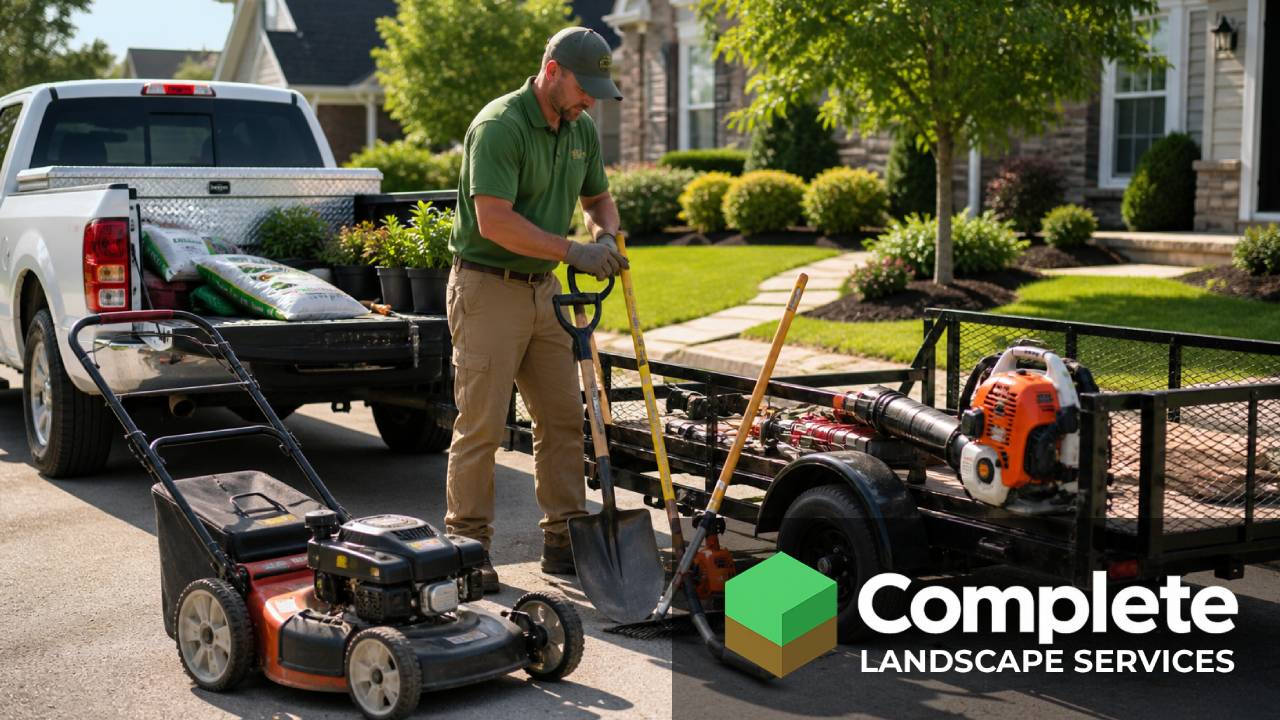 Landscaper organizing tools beside a pickup truck and trailer in a residential driveway