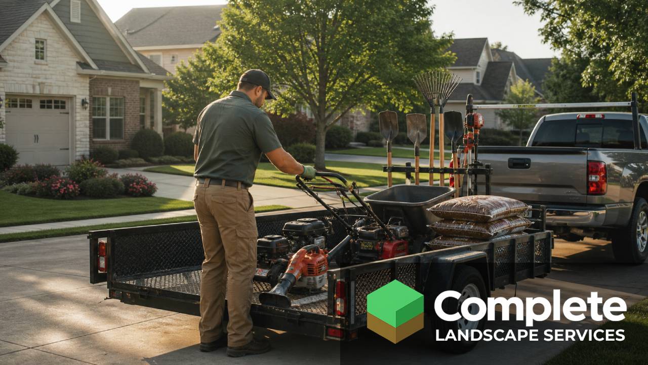 Landscaper loading a mower and tools onto a trailer in a quiet residential neighborhood