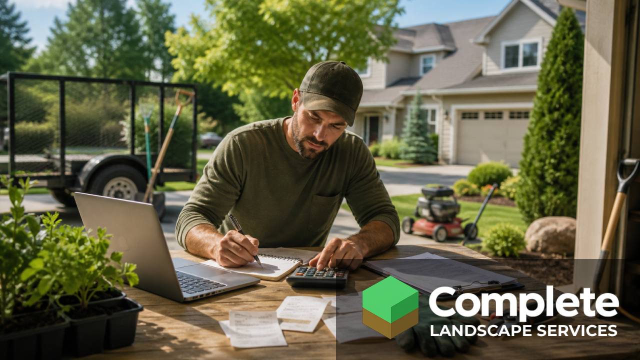 Landscaping business owner working on a startup budget at an outdoor table with a laptop and calculator