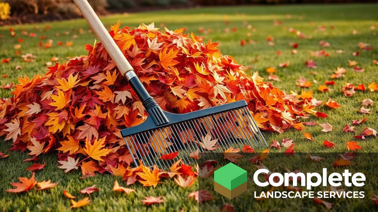 Rake and pile of orange autumn leaves on a manicured green lawn