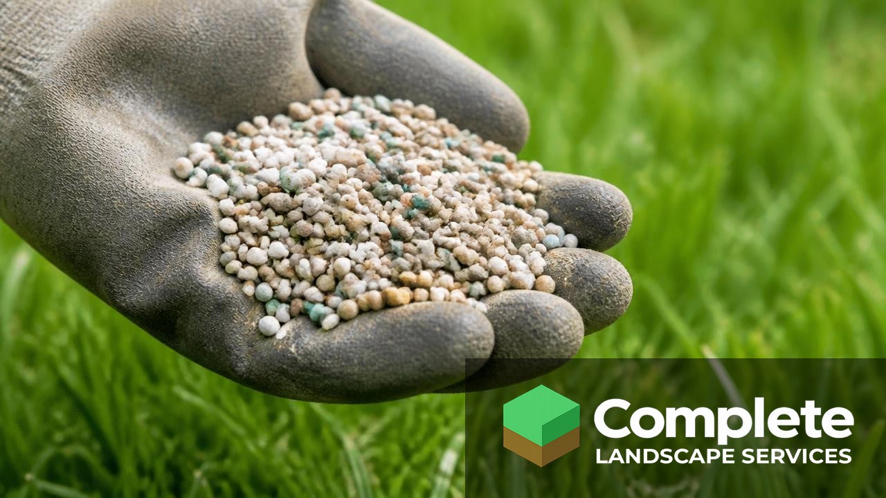 Gloved hand holding granular lawn fertilizer above green grass