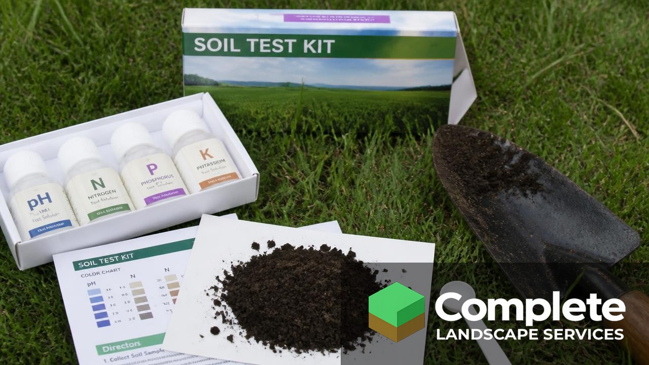 Soil test kit and a soil sample with a trowel on a lawn