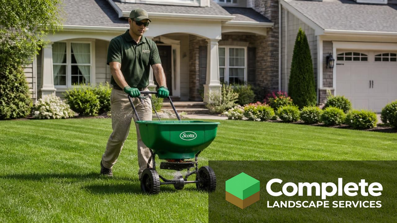 Lawn care technician pushing a broadcast fertilizer spreader across a green front lawn