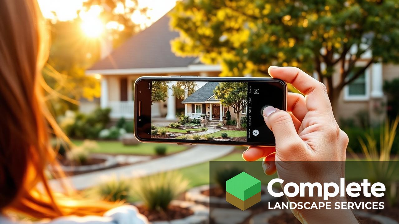 Landscaper photographing a finished front yard makeover with a smartphone for a portfolio