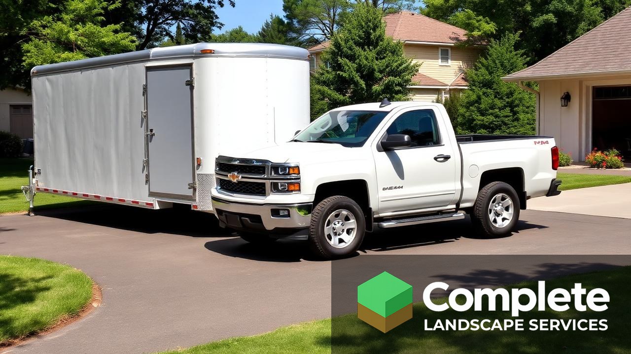 Clean white pickup truck with an enclosed equipment trailer parked in a suburban driveway