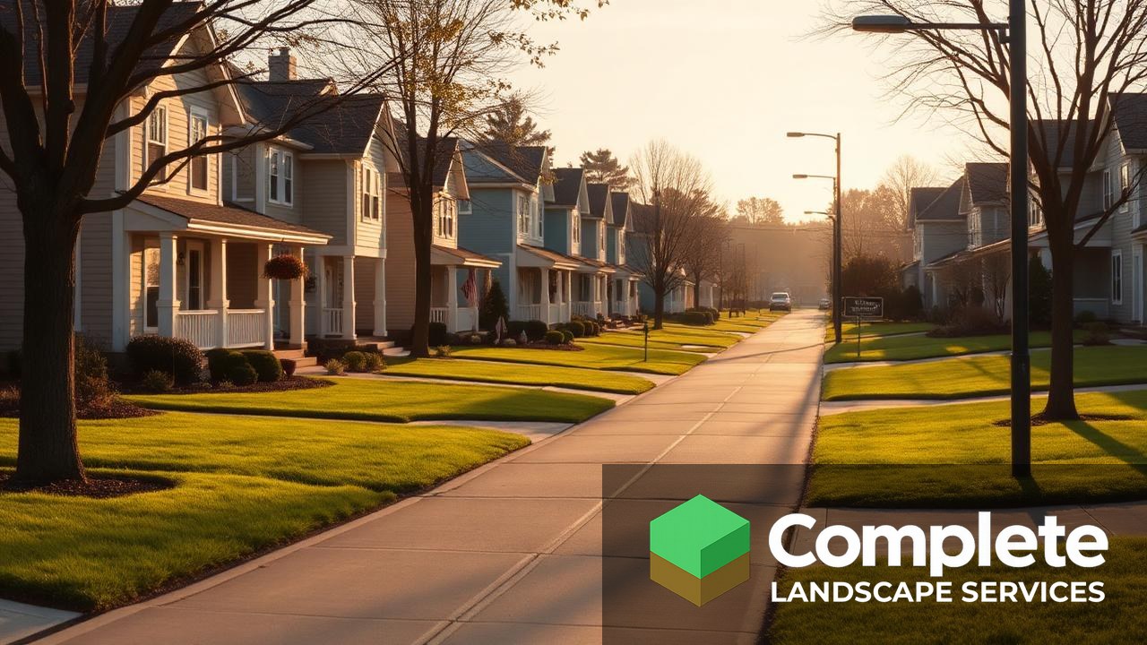 Row of neighbouring suburban homes with well-kept lawns viewed along a sidewalk, illustrating route density