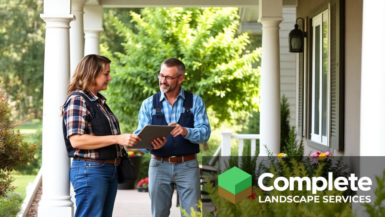 Homeowner and landscaper reviewing service options on a tablet on a front porch