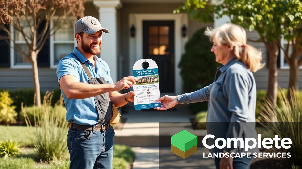Landscaper handing a door hanger flyer to a homeowner in a tidy front yard