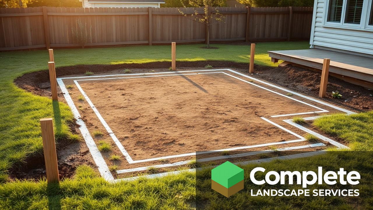 Backyard patio layout marked with wooden stakes, mason line, and spray paint before excavation begins
