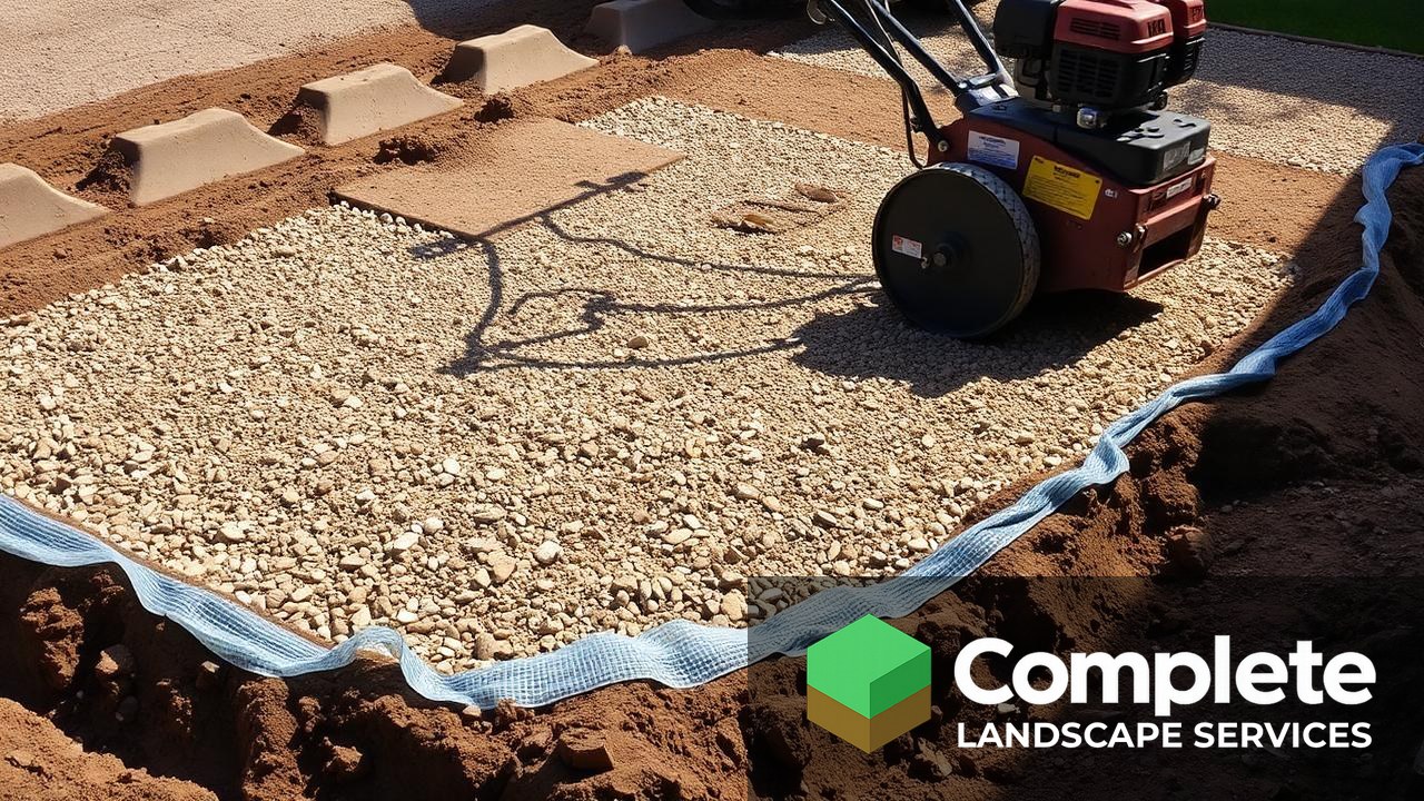 Excavated patio area with crushed stone base being compacted by a plate compactor over geotextile fabric