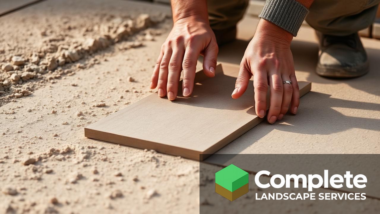 Hands screeding a one inch bedding sand layer with a straight board across two screed rails on a patio base