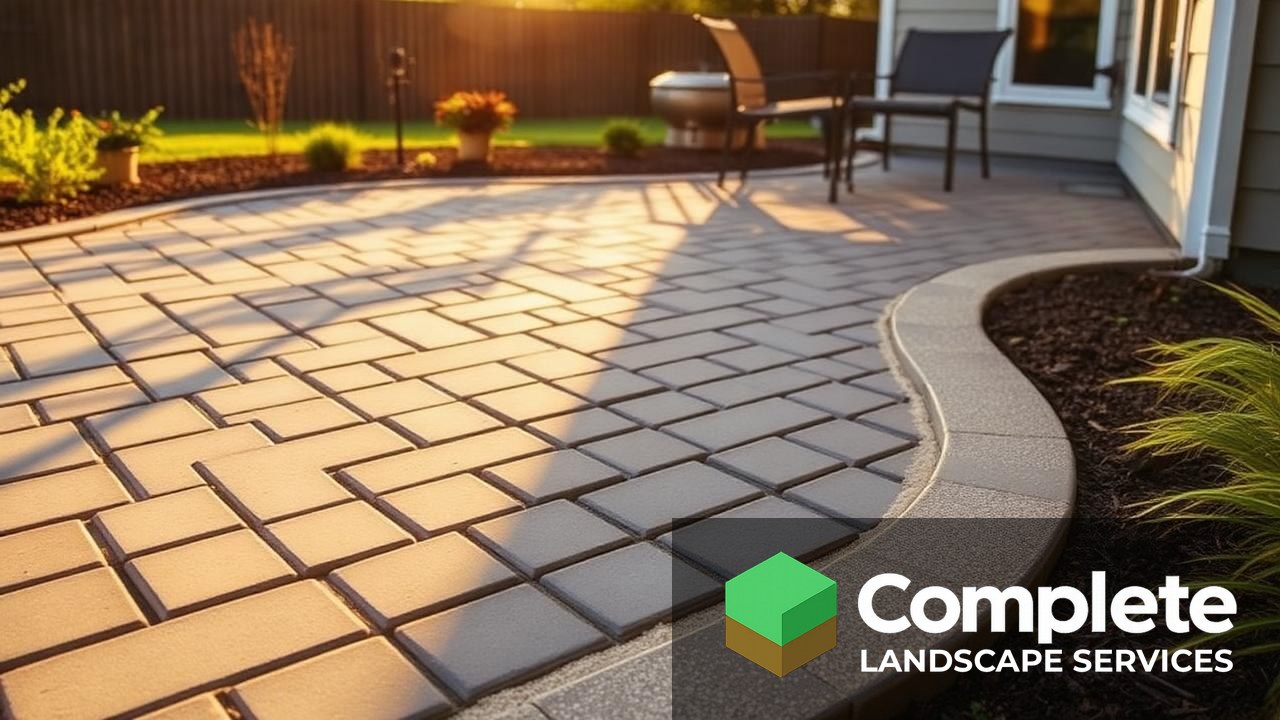 Finished paver patio with polymeric sand swept into the joints and edge restraint installed, lit by evening sun