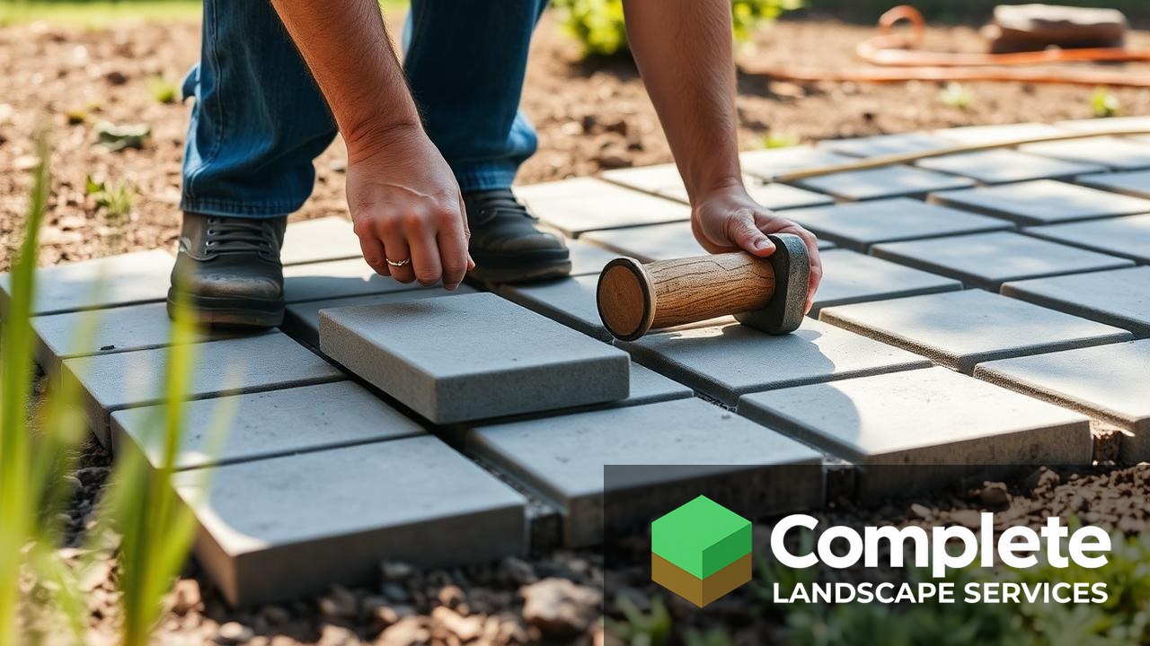 Contractor setting concrete pavers on a compacted base with a rubber mallet while building a backyard patio