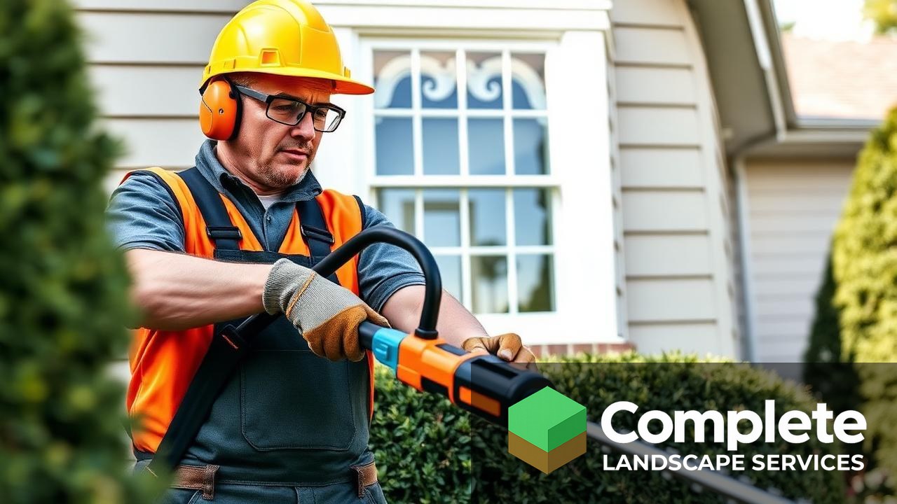 Landscaping crew member wearing safety glasses, gloves, and ear protection while trimming a hedge near a house window