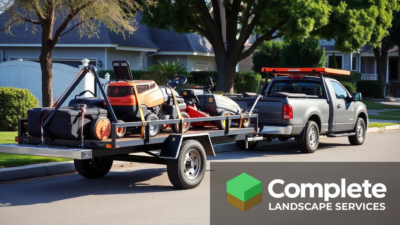 Landscaping trailer loaded with mowers and equipment secured behind a work truck on a residential street