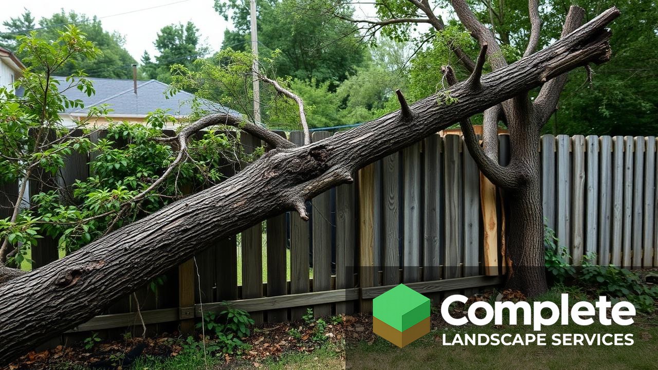 Fallen tree limb resting on a damaged backyard fence, illustrating property damage risk during landscaping work
