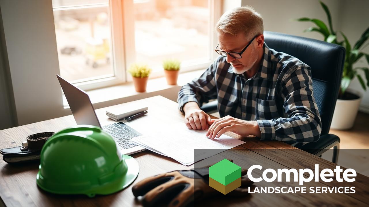 Landscaping business owner reviewing insurance paperwork at a desk with a hard hat and work gloves