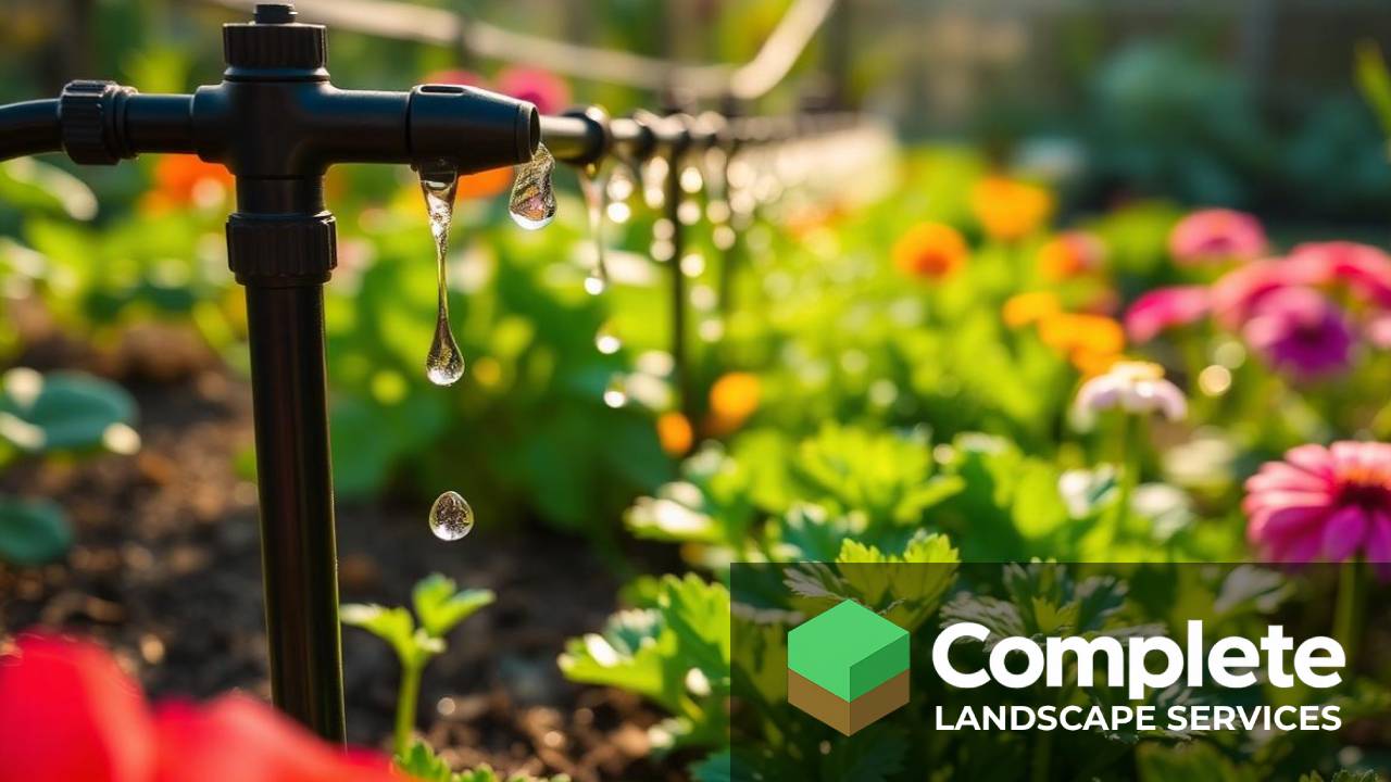 Drip irrigation emitter watering a garden bed in morning sunlight