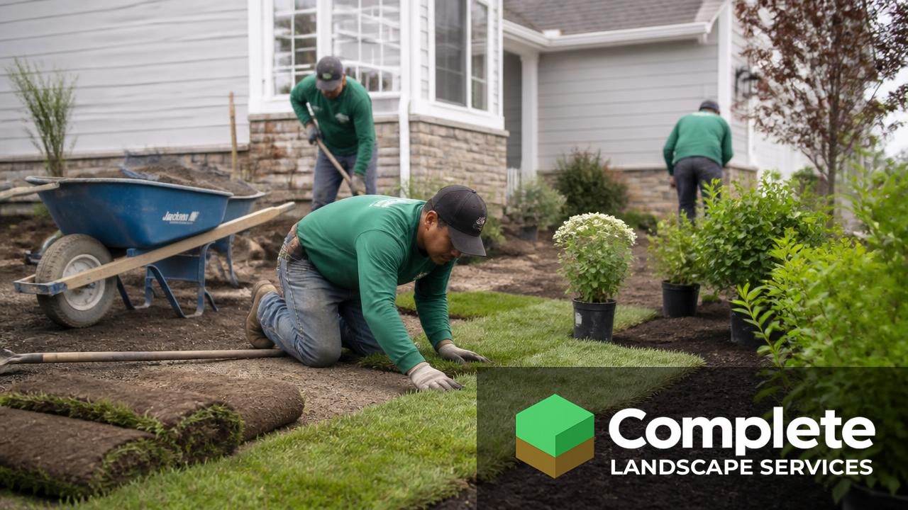 Landscaping crew laying sod and planting shrubs in a residential front yard