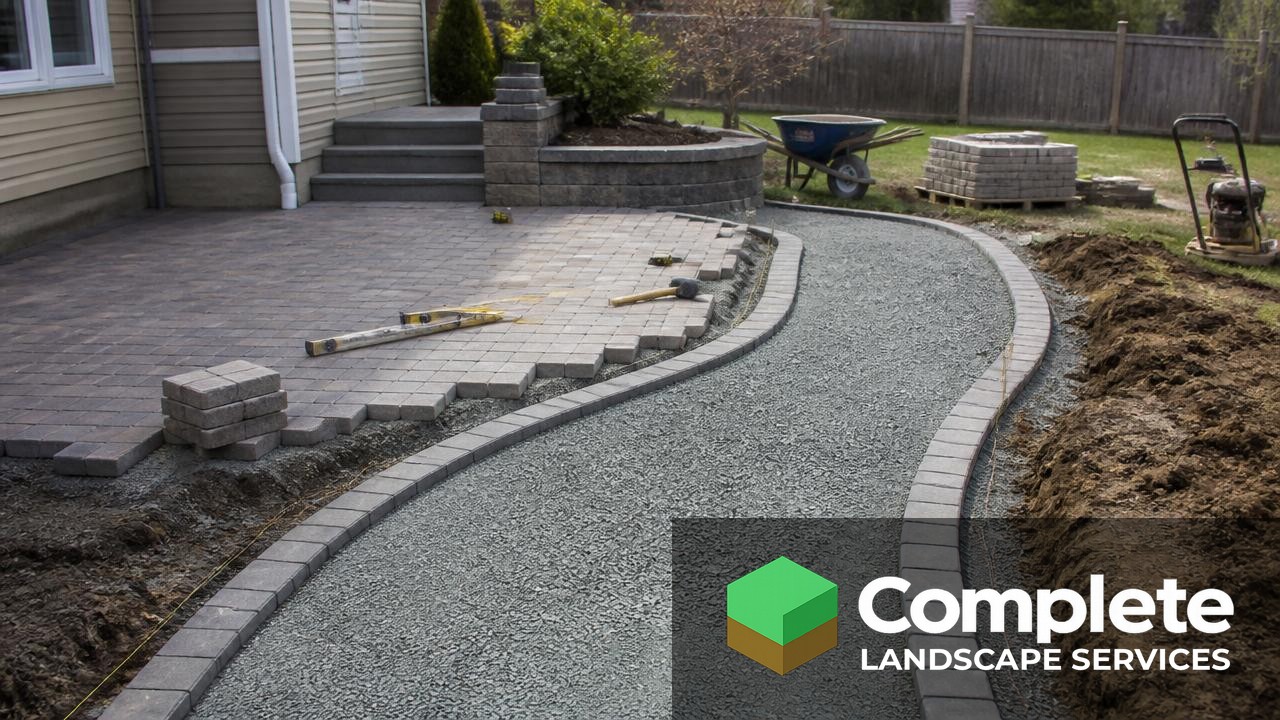 Paver patio and walkway under construction showing the compacted gravel base beneath the pavers