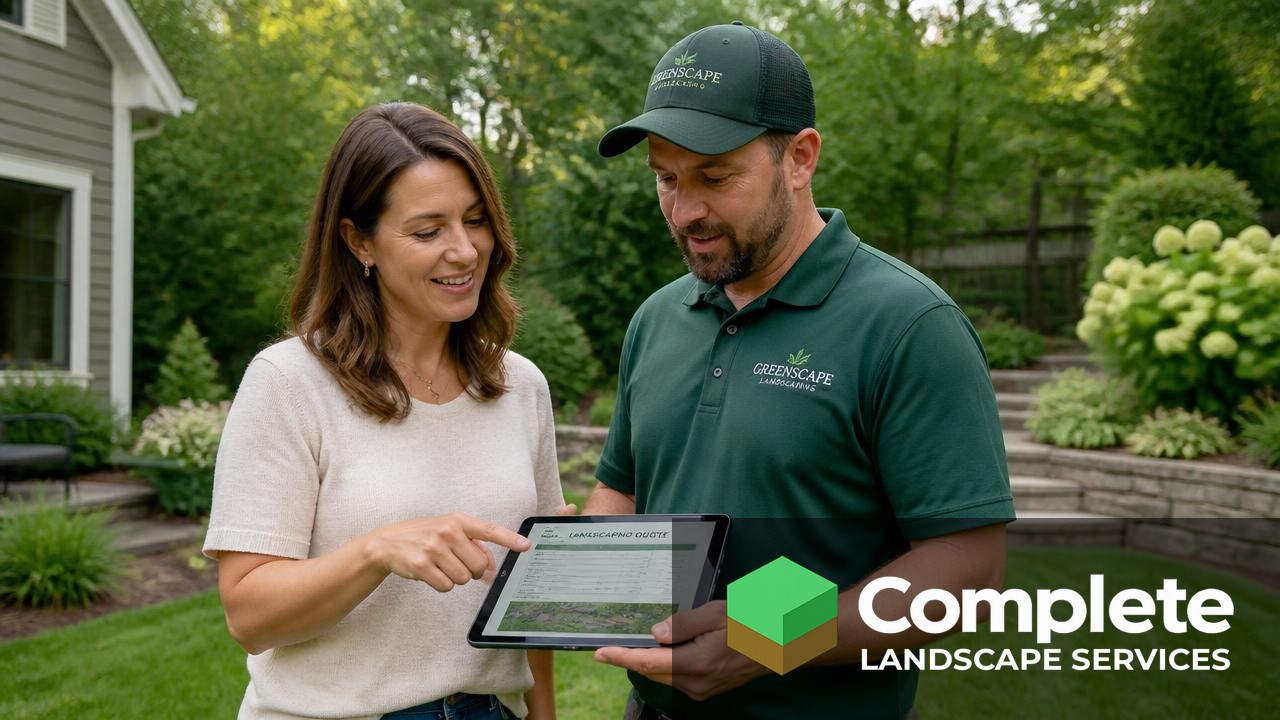 Homeowner and landscaping contractor reviewing a written quote on a tablet in a backyard