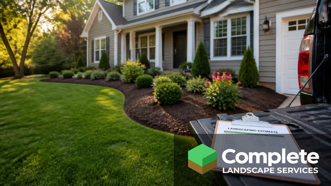 Freshly landscaped suburban front yard with mulch beds and trimmed shrubs, with a written estimate on a truck tailgate