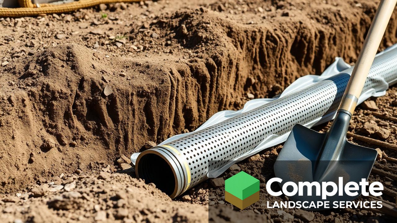 French drain trench with perforated pipe laid on gravel and filter fabric during backyard installation