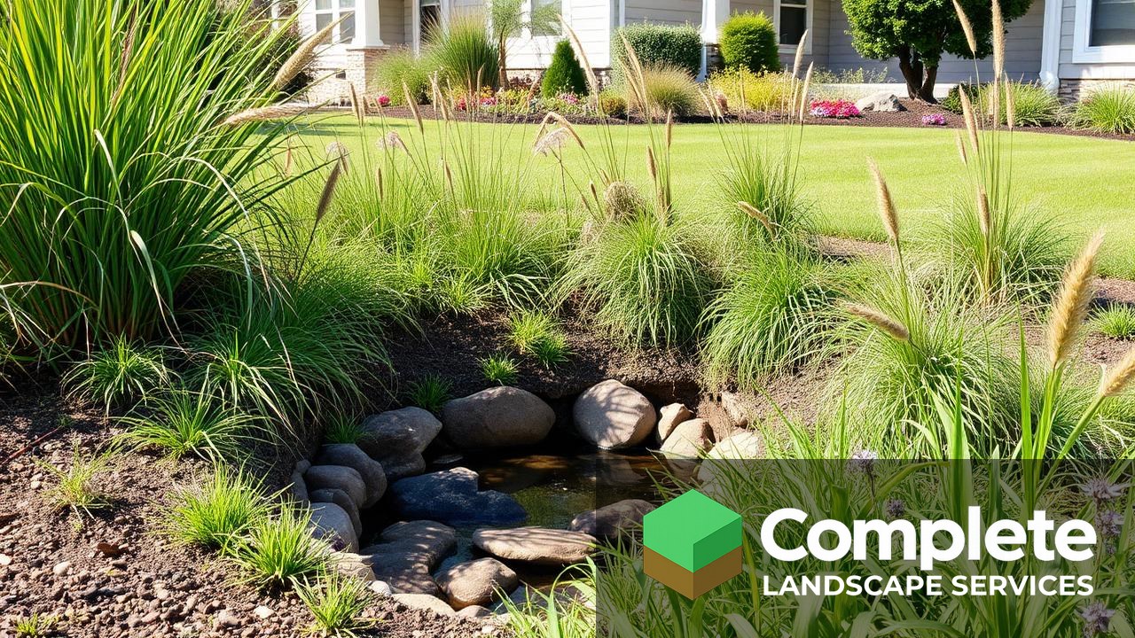Planted rain garden depression in a suburban yard with native grasses and a river rock inlet