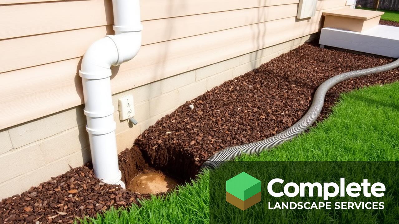 Downspout extension connected to a buried drain line directing roof runoff away from a house foundation