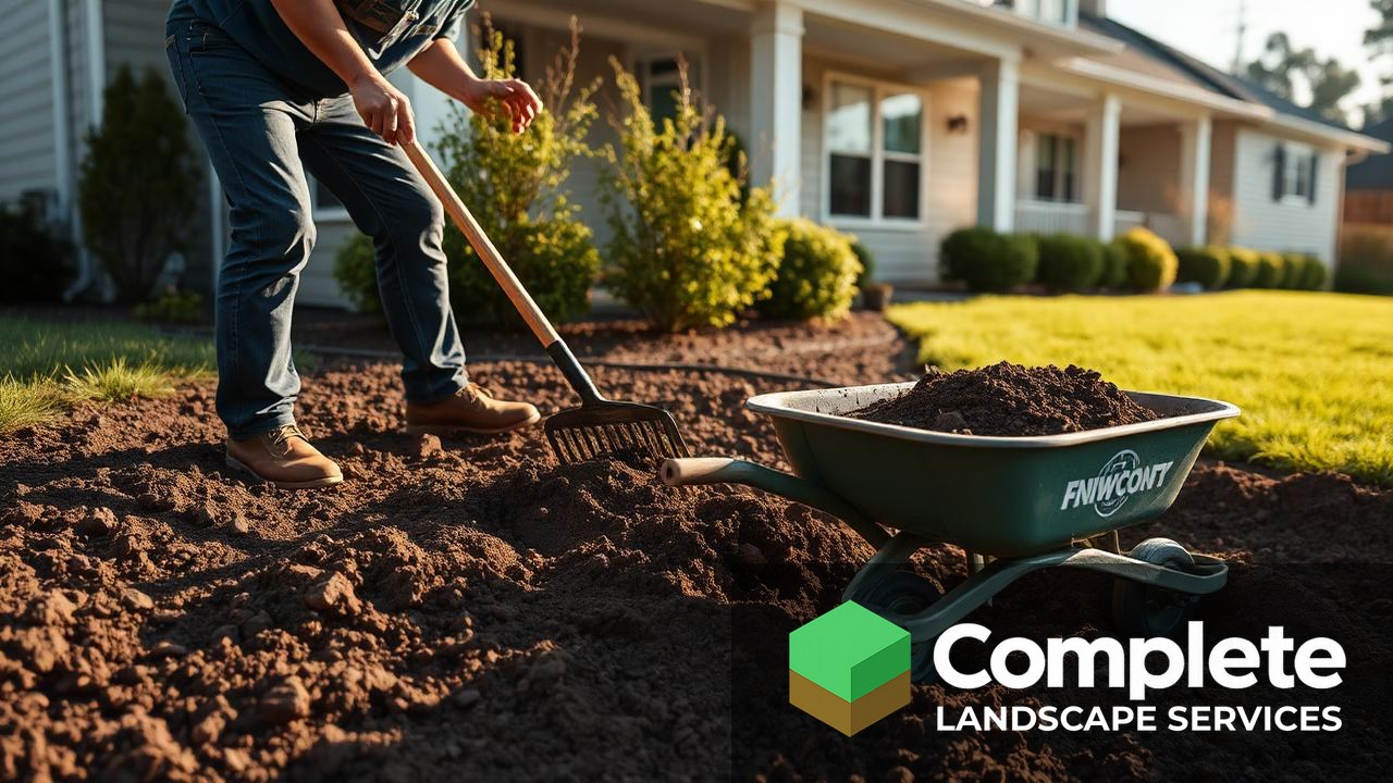 Landscaper regrading soil away from a home foundation with a rake beside a wheelbarrow of topsoil