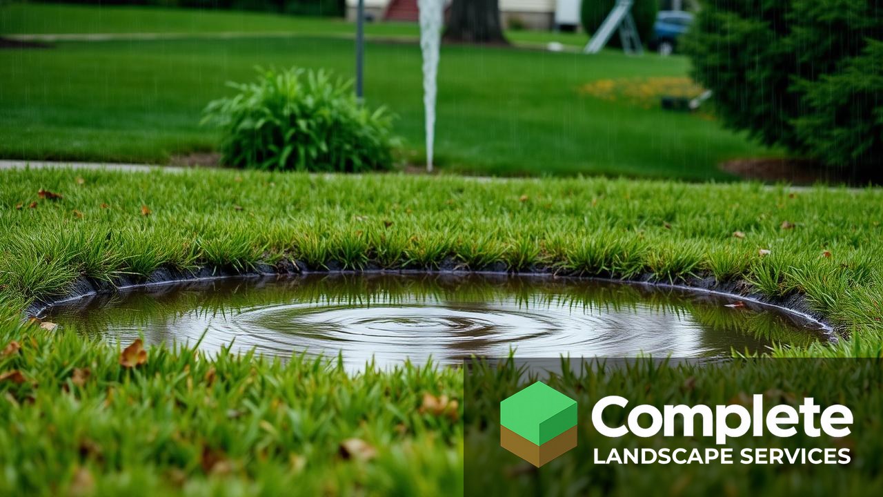 Standing water pooling on a soggy residential lawn after heavy rain