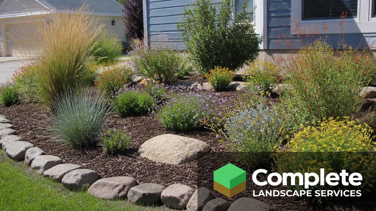 Drought tolerant native plant bed with ornamental grasses, mulch, and stone border