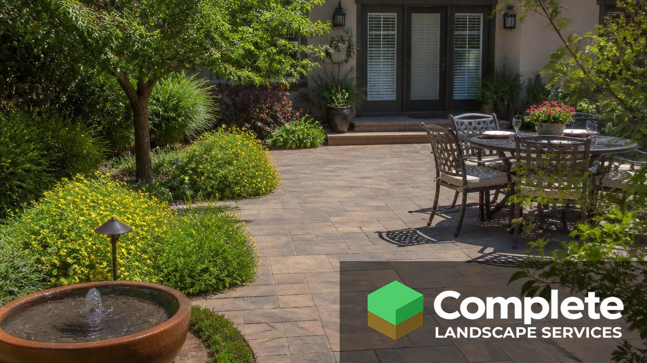 Paver patio bordered by easy care shrubs and groundcover replacing former lawn area