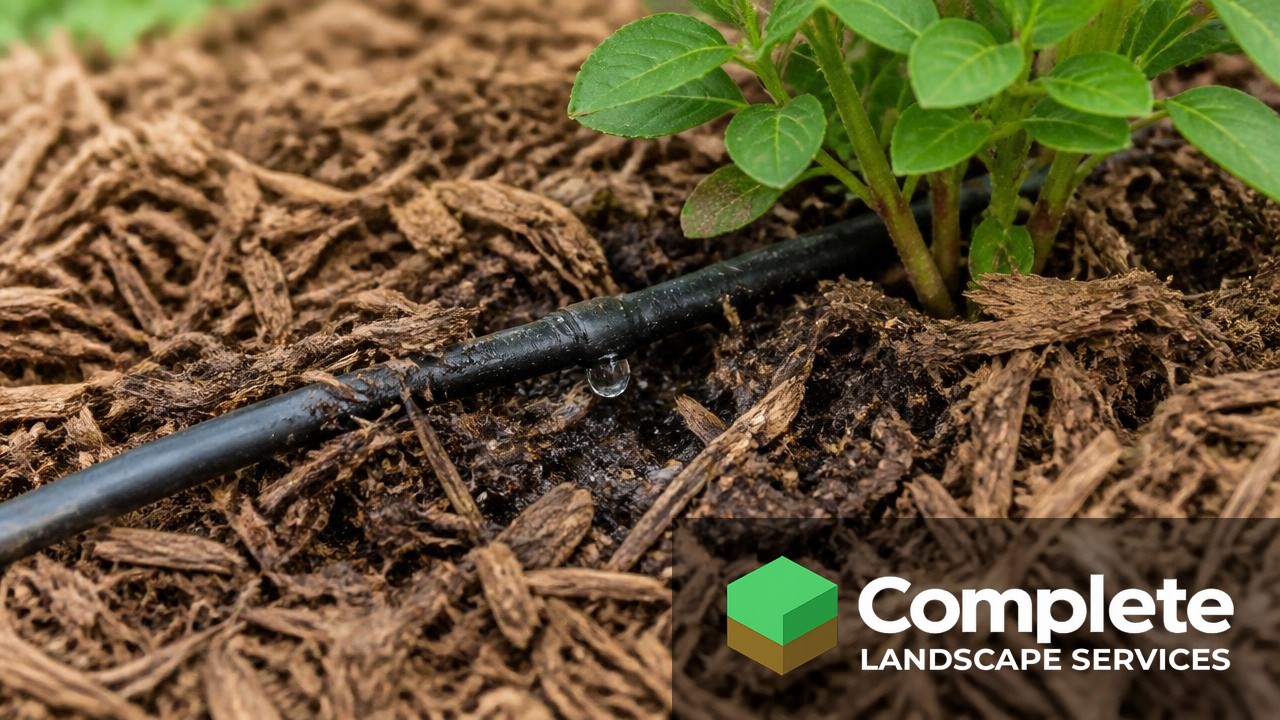 Drip irrigation line running under mulch beside a young plant, close up
